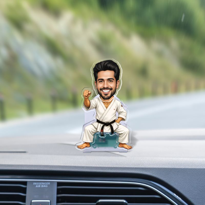 Personalized Bobblehead Caricature with Solar Powered Moving Head for Car Dashboard, Office, Home & Tabletop Decor Gift for Karate Master & Funny Gift for Friends